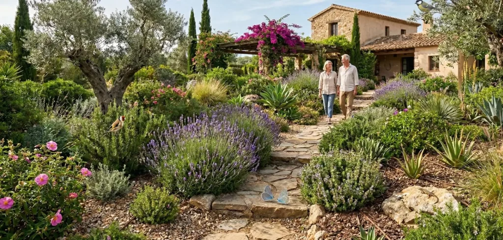 Jardín mediterráneo con plantas autóctonas, bajo riego y diseño de paisajismo sostenible, lleno de vida.