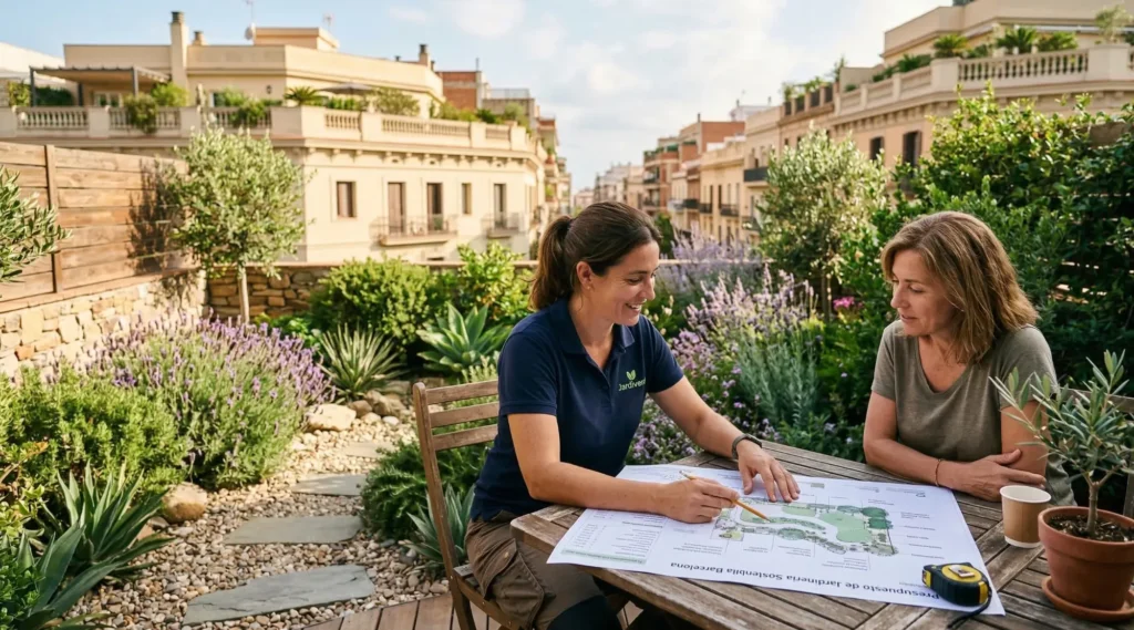 Paisajista de Jardiverd explicando un plano de diseño sostenible a una cliente en una terraza ajardinada en Barcelona.