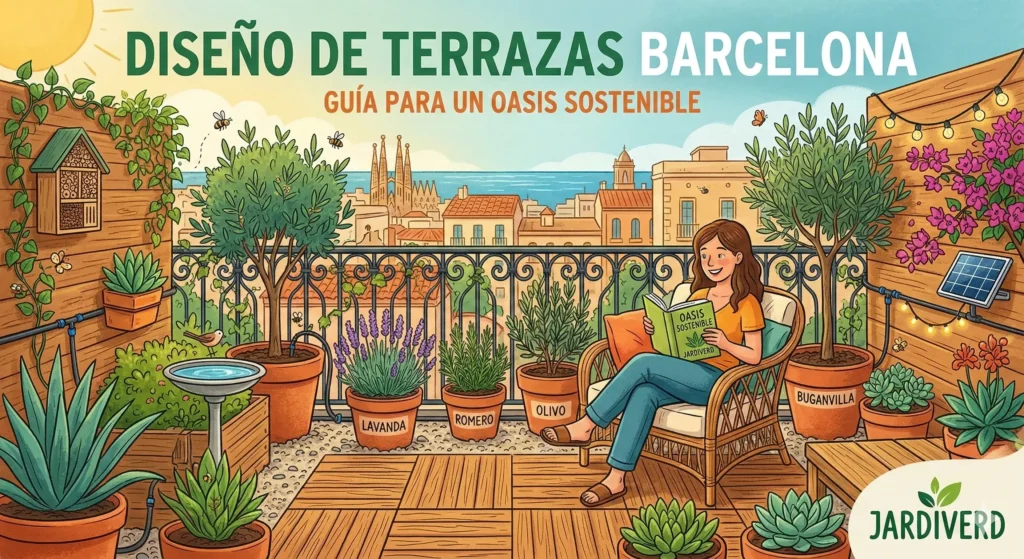 Ejemplo de diseño de terrazas sostenibles en Barcelona con plantas mediterráneas, riego por goteo y vistas a la ciudad