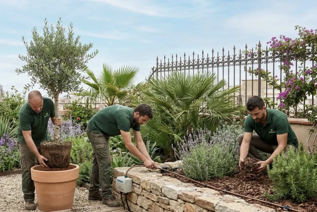 Equipo de jardineros profesionales de Jardiverd diseñando un jardín sostenible mediterráneo en Barcelona con técnicas de xerojardinería y riego eficiente.