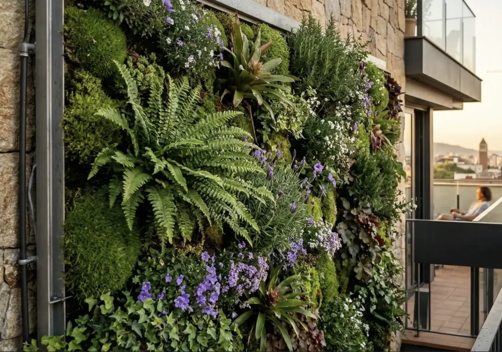 Instalación de jardín vertical sostenible en una pared exterior de Barcelona con vegetación mediterránea exuberante.