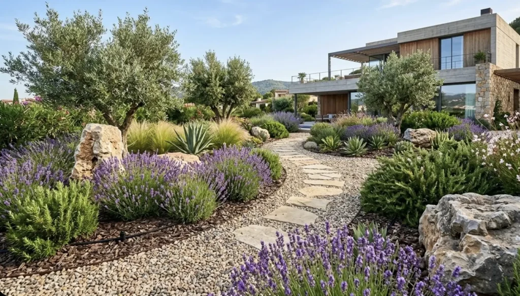 Diseño de xerojardinería en Barcelona con plantas mediterráneas resistentes a la sequía y acolchado de grava